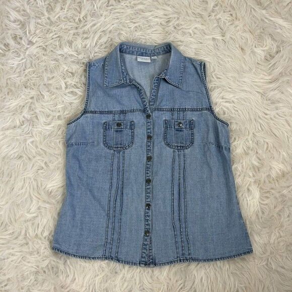 Sonoma Womens Western Grunge Denim Snap Button Up Sleeveless Blouse Size Medium - Picture 1 of 10